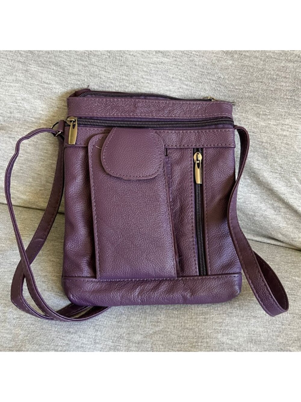 Purple Leather Crossbody Bag With Multiple Zipper Compartments & Adjustable Stra - Picture 2 of 5